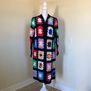 Vintage 1970s Hand-Made Granny Square Afghan Inspired Long Sweater/Coat